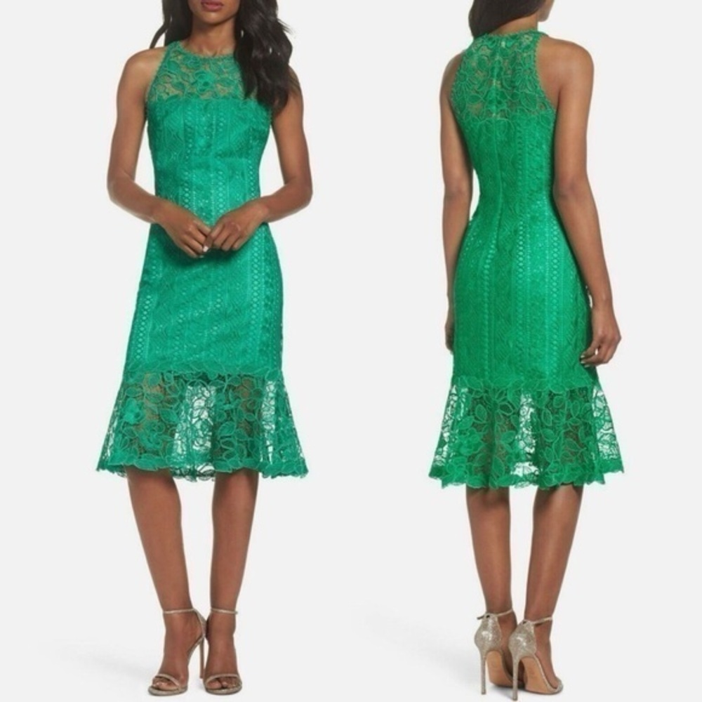 TADASHI SHOJI Jade Green Embroidered Lace Fluted Flare Midi Dress size 6P petite
